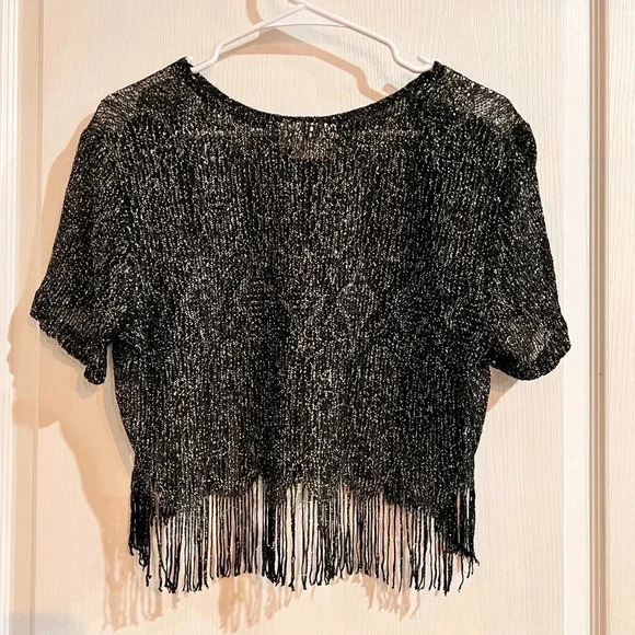 90s Black Silver Cropped Fringe Top - Picture 2 of 7
